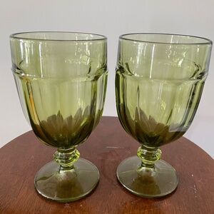 Pair of Vintage olive green Libbey Duratuff ribbed glass water goblets